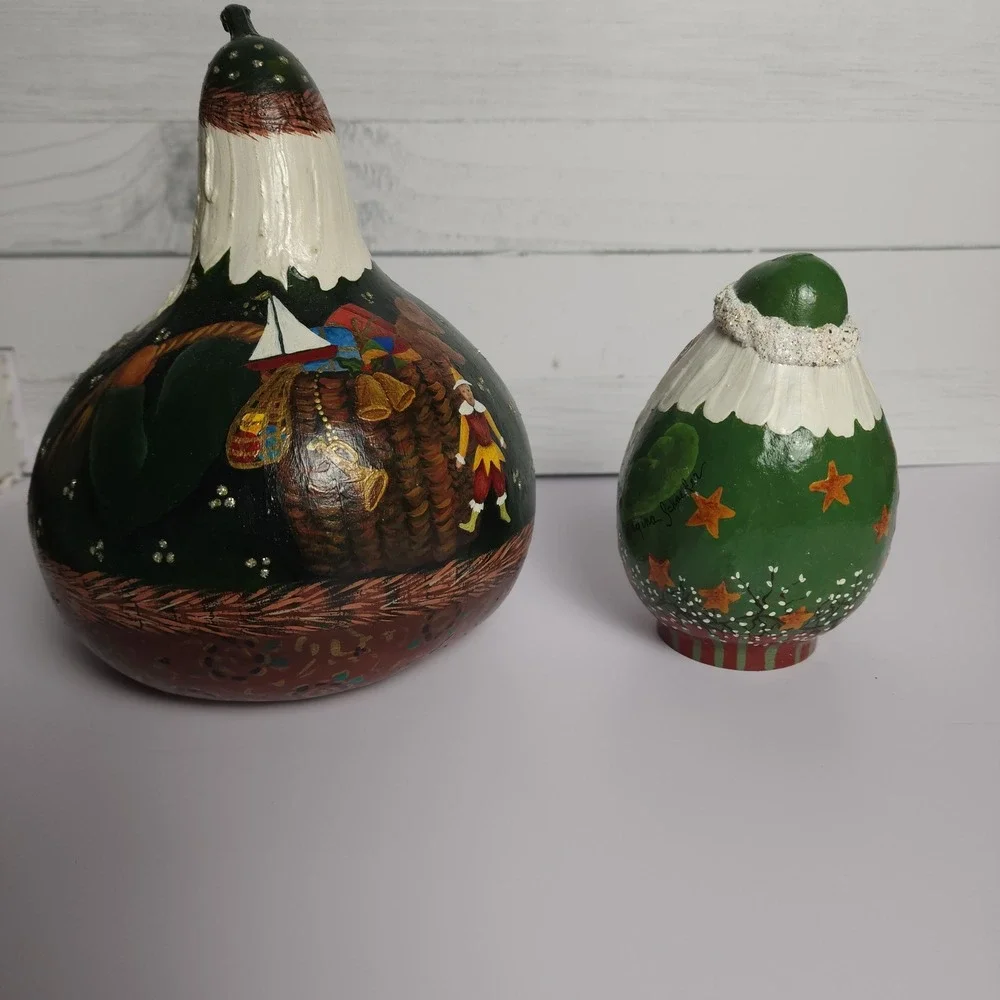 Hand Painted Gourd Santa Figurines Set of 2 Sigend‎ by Regina Schafer